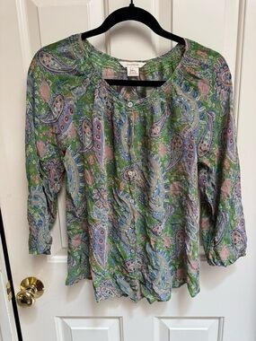 Sundance Green Paisley Button-Front Silk Blouse